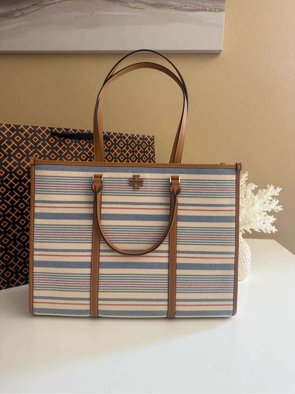 NWT, tory burch blake stripe canvas jumbo large tote multi walnut $550